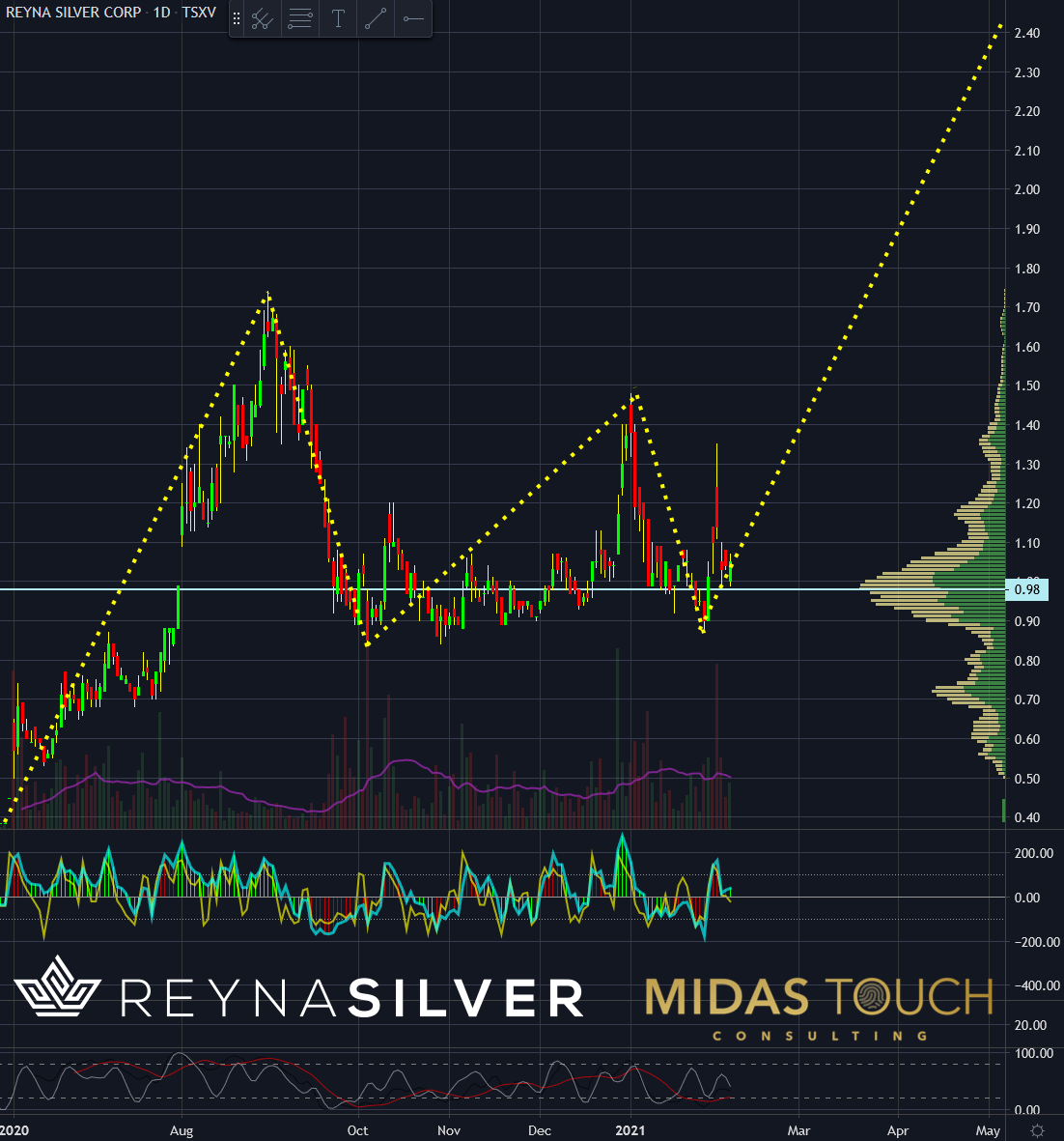 Reyna Silver Corp in Canadian Dollar, daily chart as of February 4th, 2021.